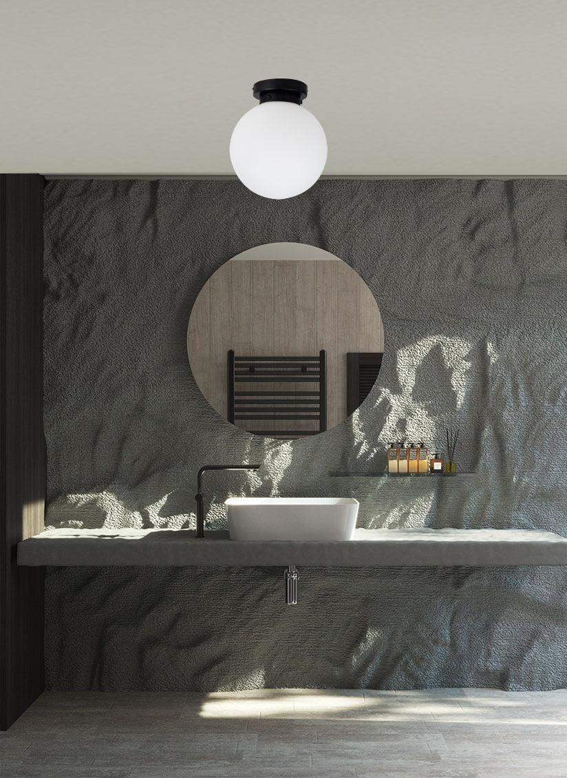 Vanity 1 Light Flush IP44 - Matt Black/Polished Chrome with Opal Ball - Image 4