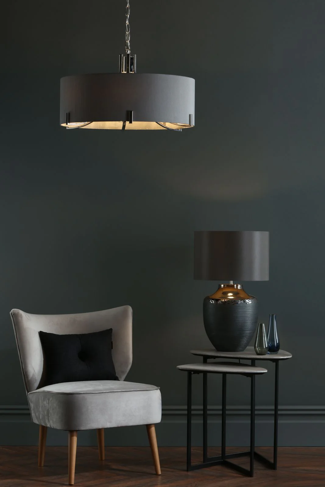 Veyron 6 Light Hanging Shade Ceiling Lights - Polished Nickel & Grey Finish - Image 2