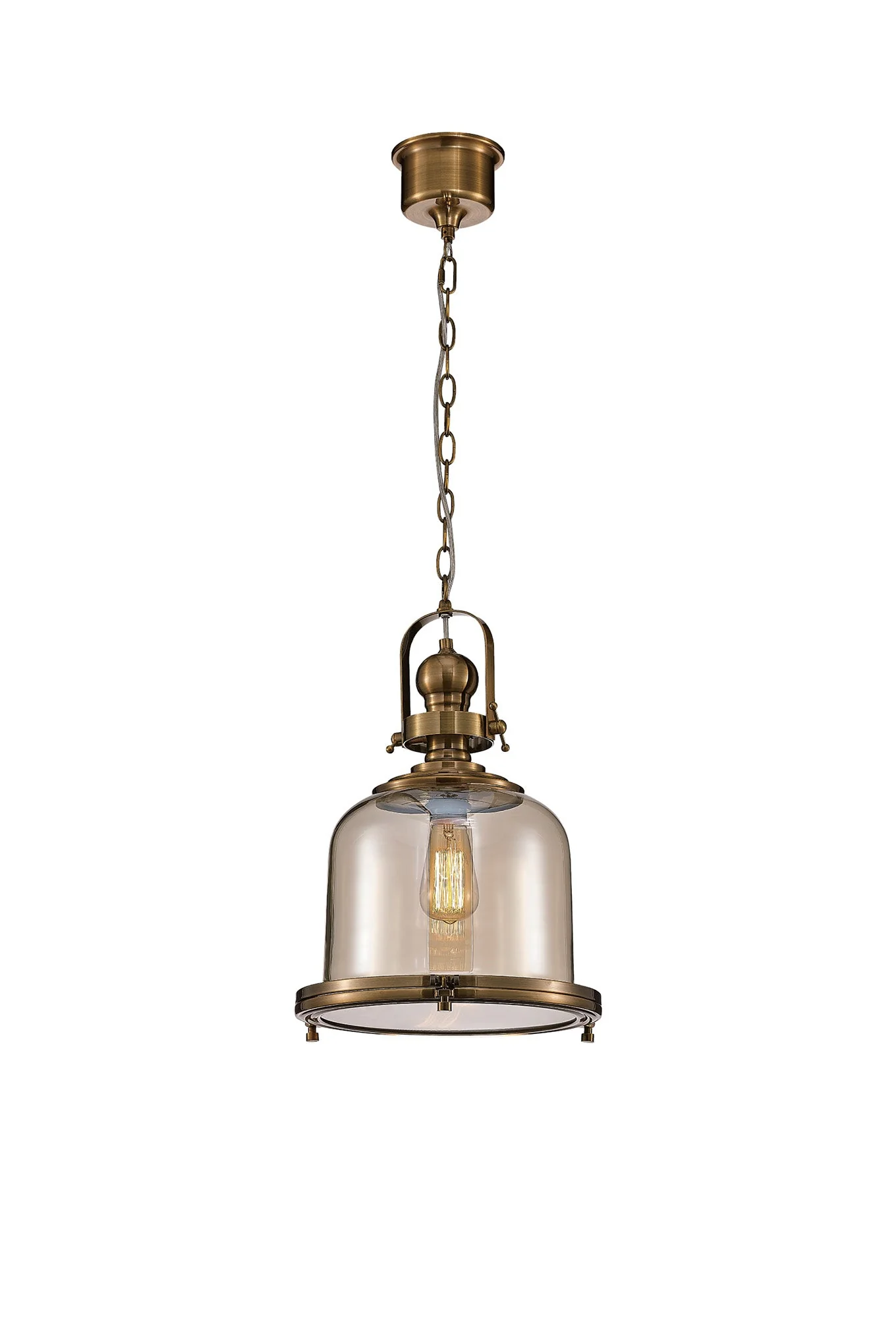 Vintage 26/33/38cm Bell Pendant, 1 Lt E27, Antique Brass/Amber Glass - Image 2