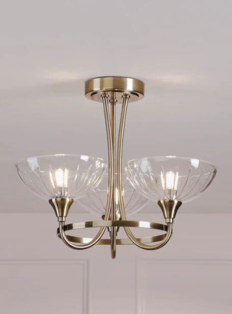 Wellham 3 Light Semi-Flush Antique Brass and Ribbed Glass - Image 3