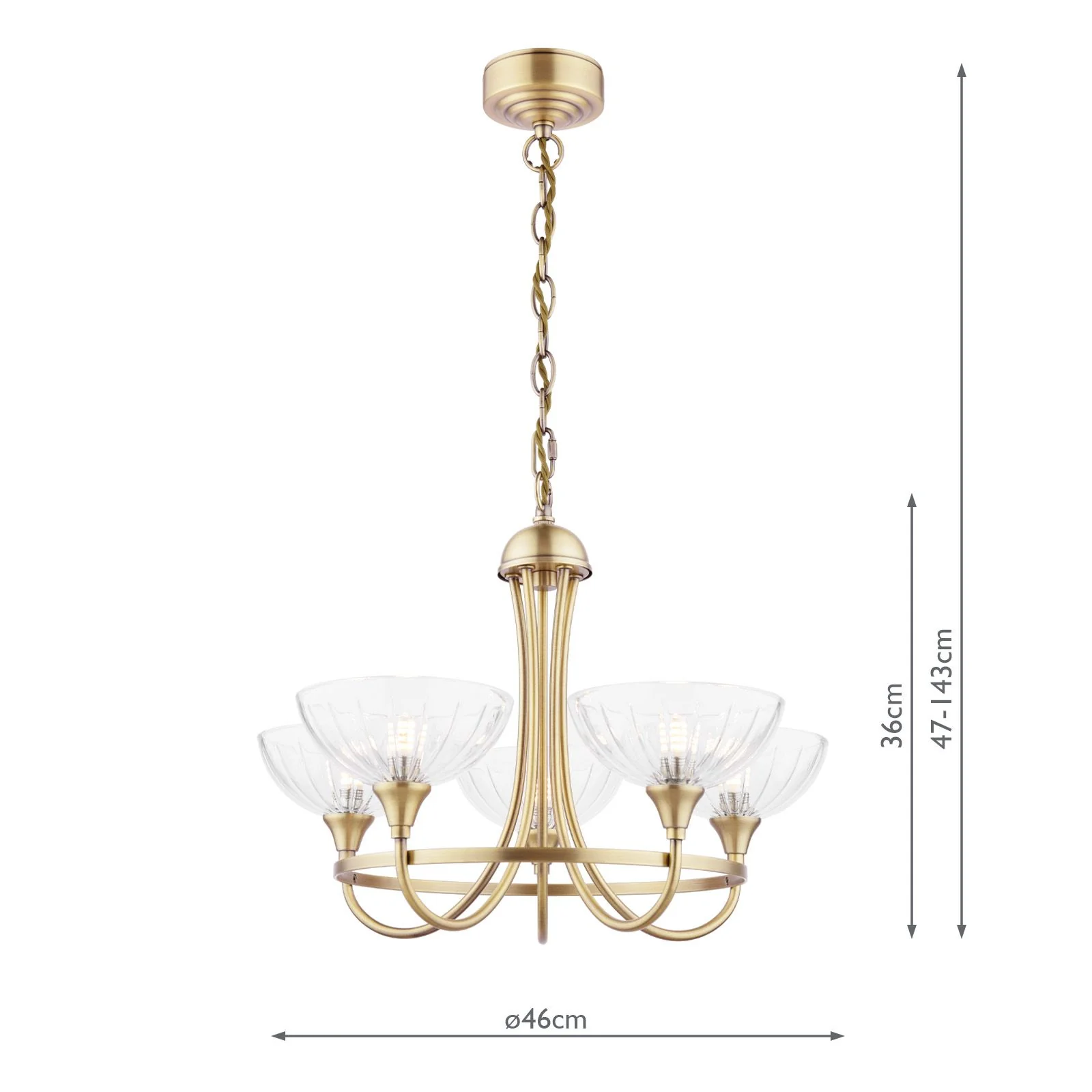 Wellham 5 Light Armed Pendant- Polished Nickel/Antique Brass and Ribbed Glass - Image 10