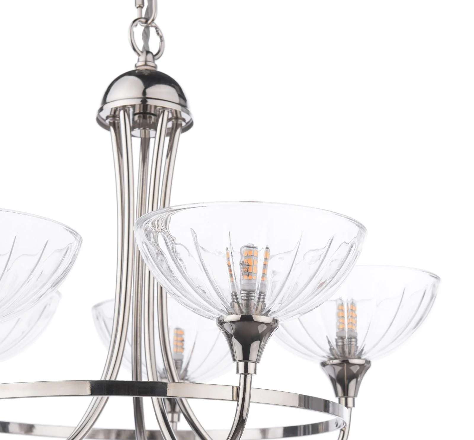 Wellham 5 Light Armed Pendant- Polished Nickel/Antique Brass and Ribbed Glass - Image 2