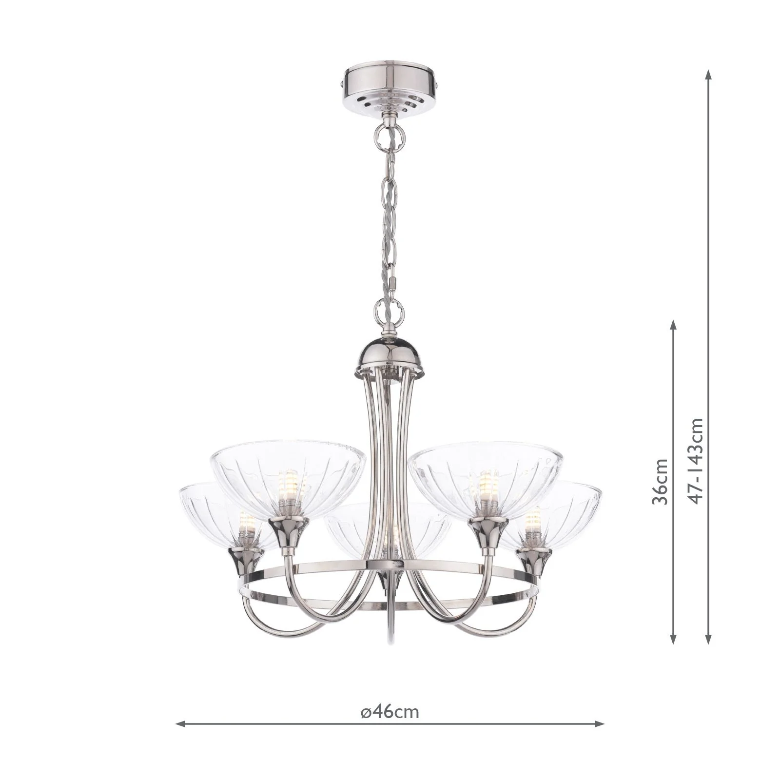 Wellham 5 Light Armed Pendant- Polished Nickel/Antique Brass and Ribbed Glass - Image 3