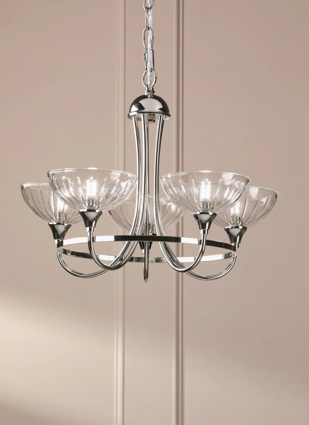 Wellham 5 Light Armed Pendant- Polished Nickel/Antique Brass and Ribbed Glass - Image 4
