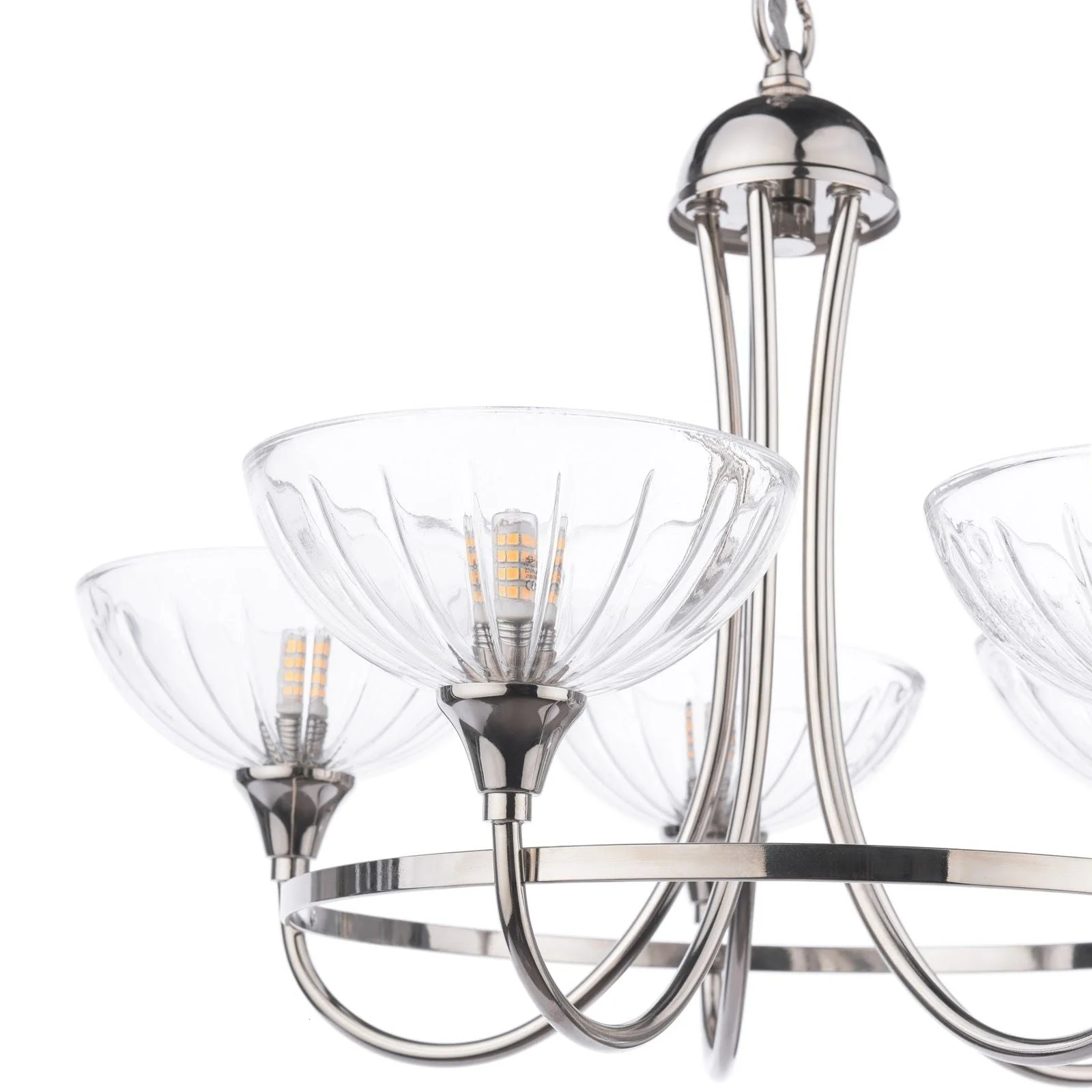 Wellham 5 Light Armed Pendant- Polished Nickel/Antique Brass and Ribbed Glass - Image 5