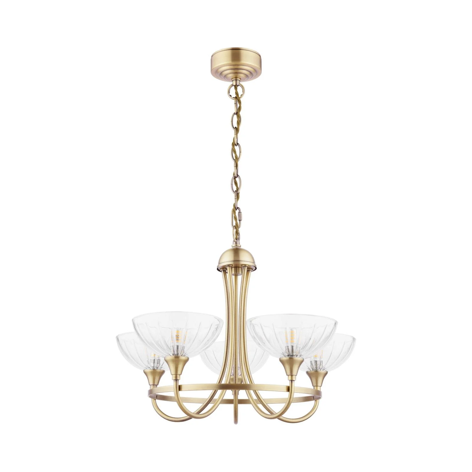 Wellham 5 Light Armed Pendant- Polished Nickel/Antique Brass and Ribbed Glass - Image 6