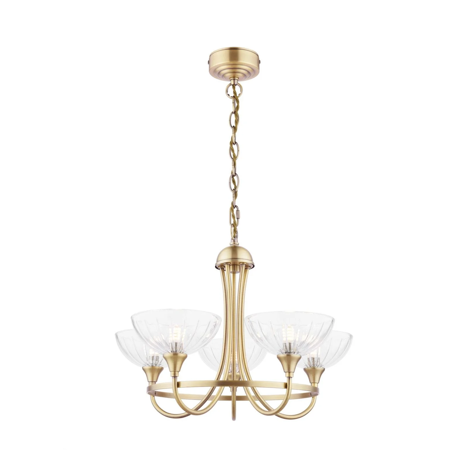 Wellham 5 Light Armed Pendant- Polished Nickel/Antique Brass and Ribbed Glass - Image 7