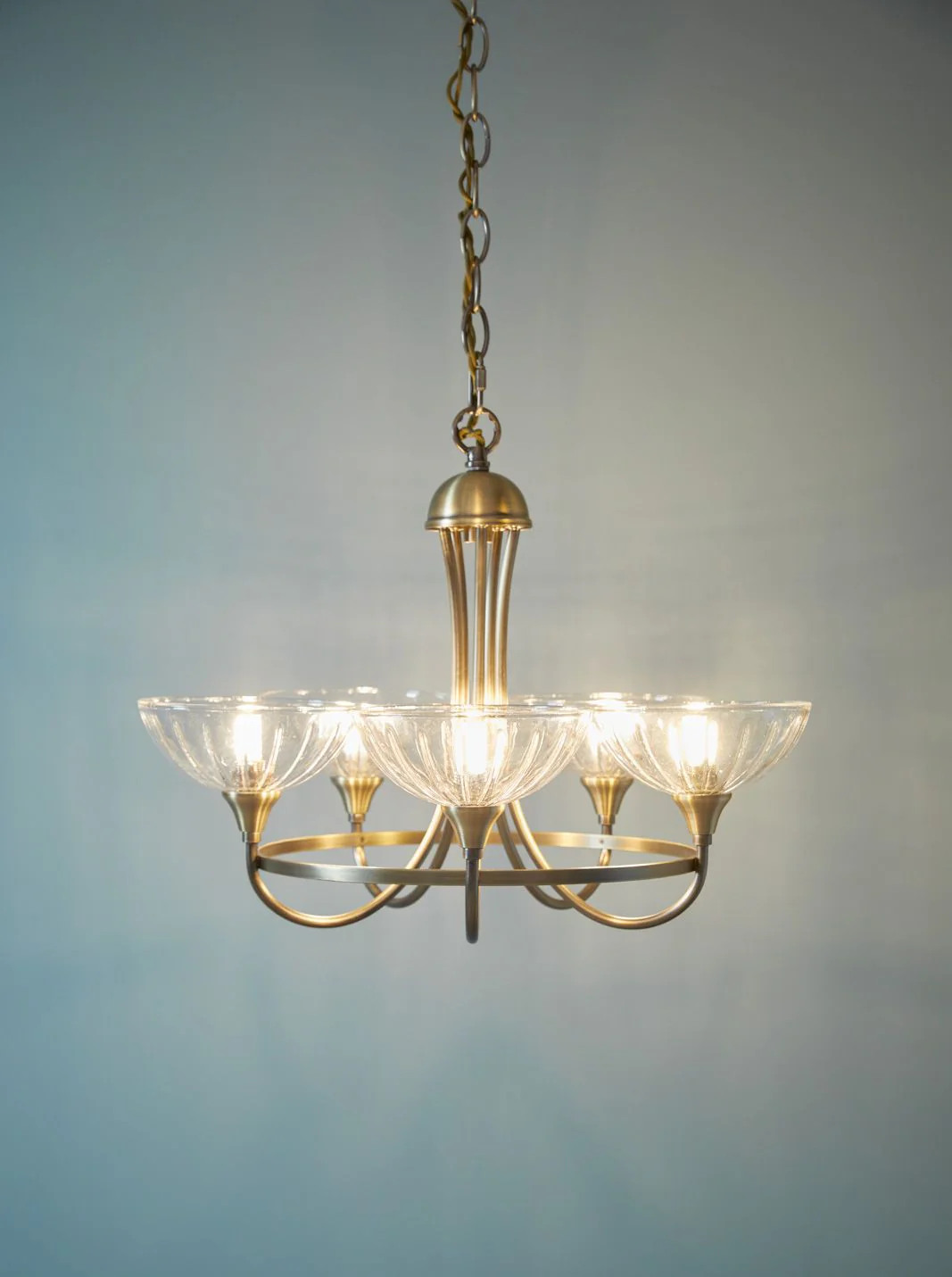 Wellham 5 Light Armed Pendant- Polished Nickel/Antique Brass and Ribbed Glass - Image 8