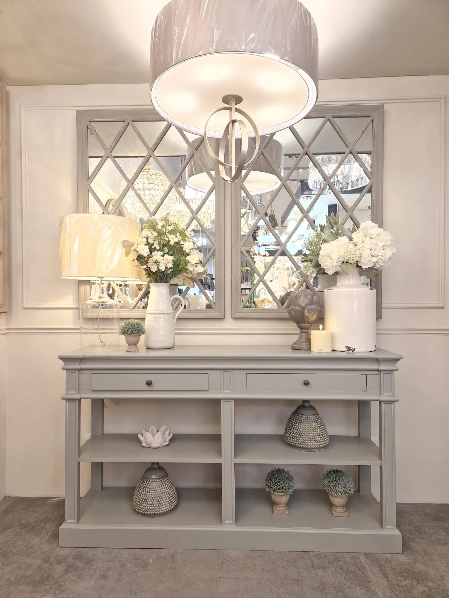 Wesley Shelf Buffet Console Table - White/Grey/Black - Image 5