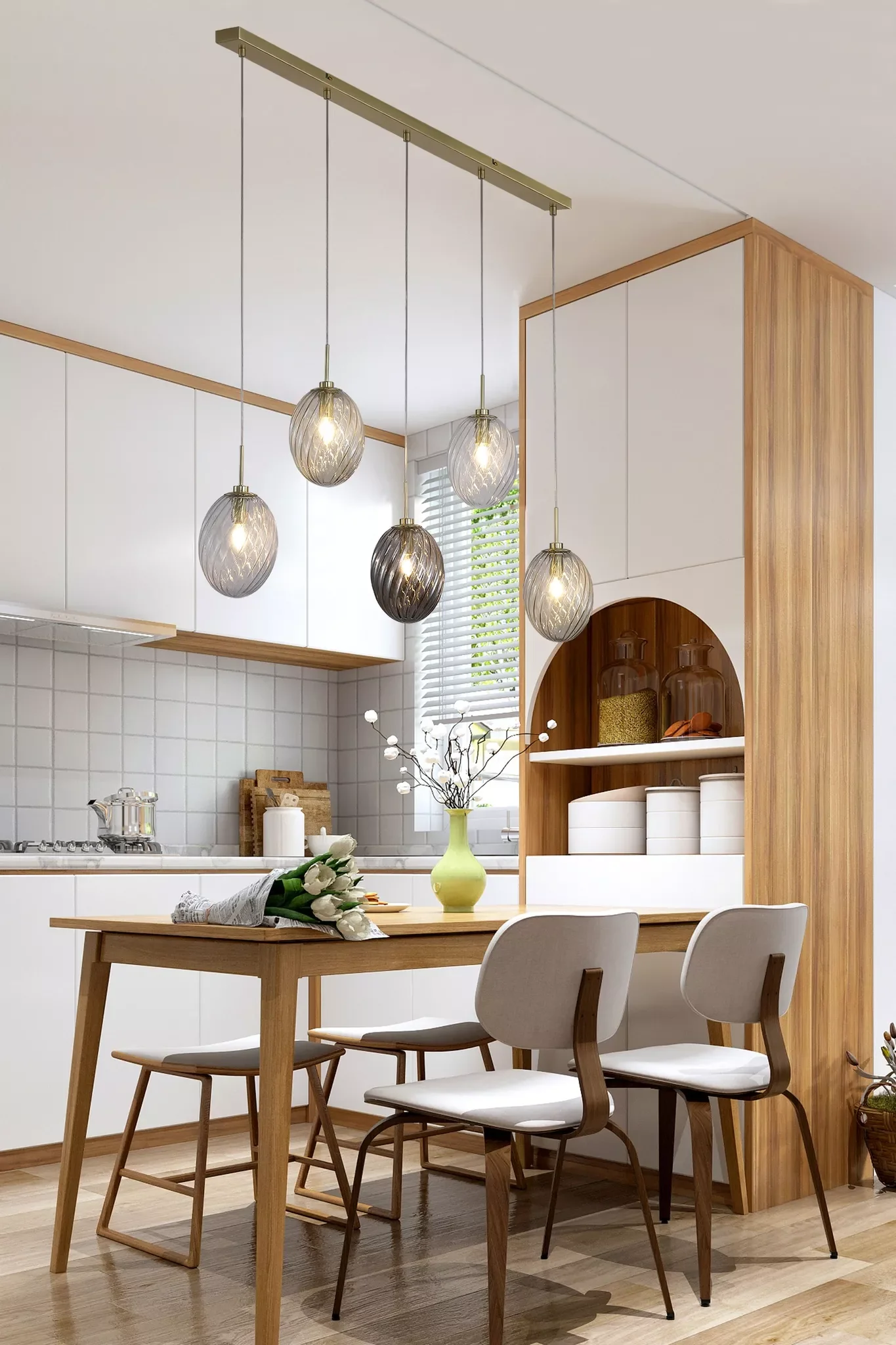 Whirl 3Lt/5Lt  Bar Pendant- Satin Brass w Multi Coloured Glass - Image 8