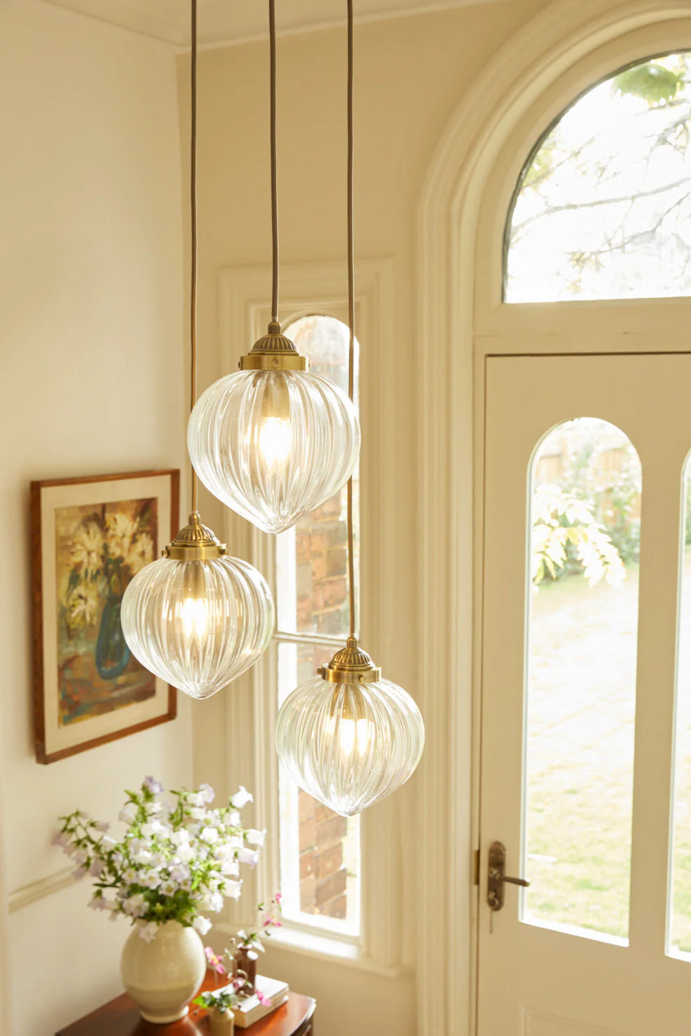 Whitham 3 Light Cluster Pendant Polished Nickel/Antique Brass and Ribbed Glass E14 - Image 10