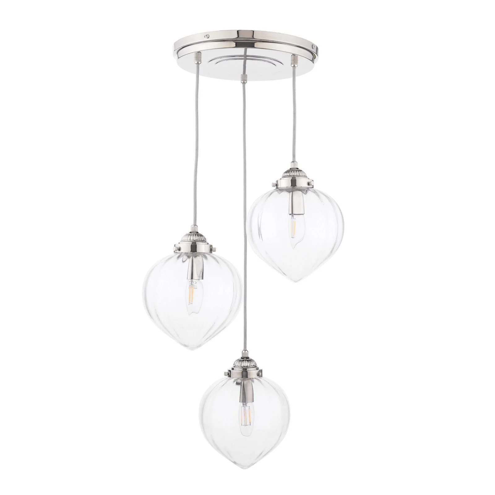 Whitham 3 Light Cluster Pendant Polished Nickel/Antique Brass and Ribbed Glass E14 - Image 2