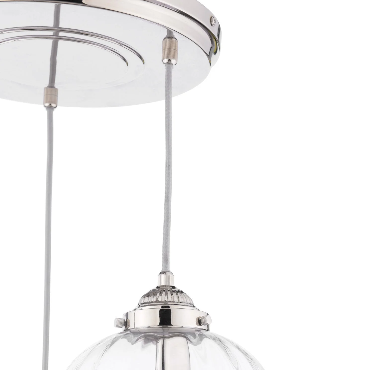 Whitham 3 Light Cluster Pendant Polished Nickel/Antique Brass and Ribbed Glass E14 - Image 3