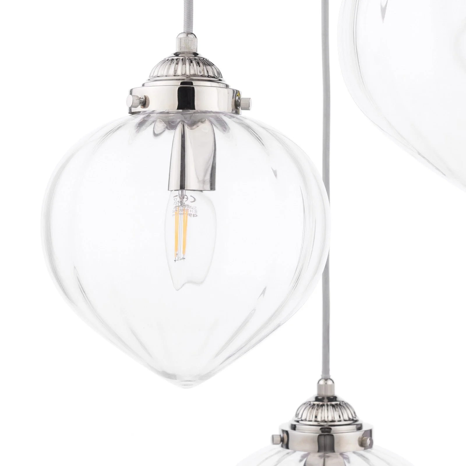 Whitham 3 Light Cluster Pendant Polished Nickel/Antique Brass and Ribbed Glass E14 - Image 4