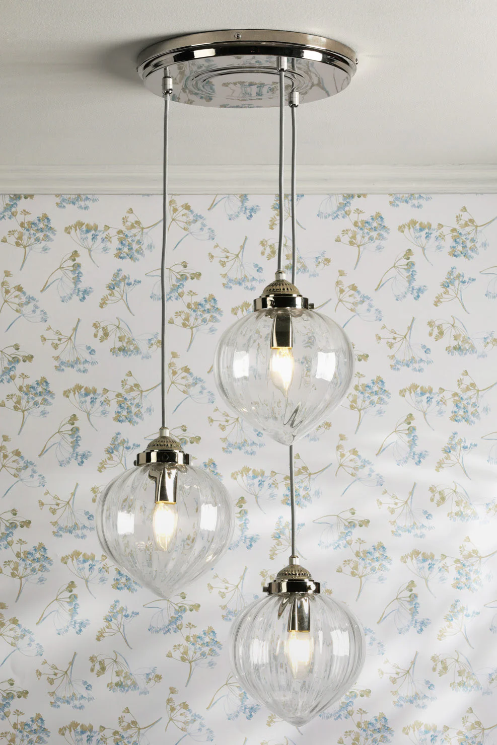 Whitham 3 Light Cluster Pendant Polished Nickel/Antique Brass and Ribbed Glass E14 - Image 5