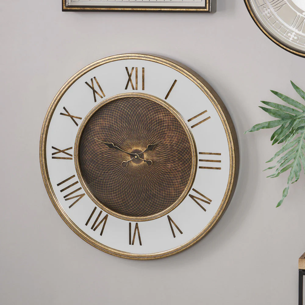 Wood & Mirror Geo Print Wall Clock - Antique Gold Finish - Image 4