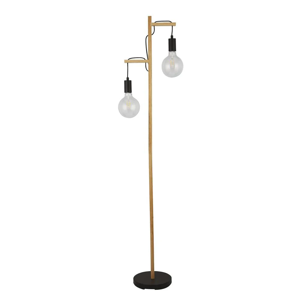 Woody 2Lt Floor Lamp - Natural Wood & Black Metal E27 - Image 2