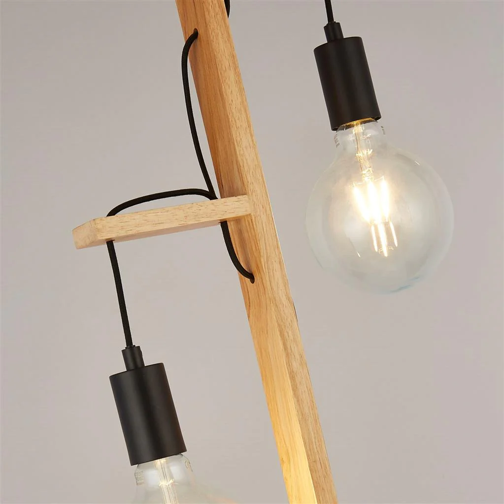 Woody 2Lt Floor Lamp - Natural Wood & Black Metal E27 - Image 3