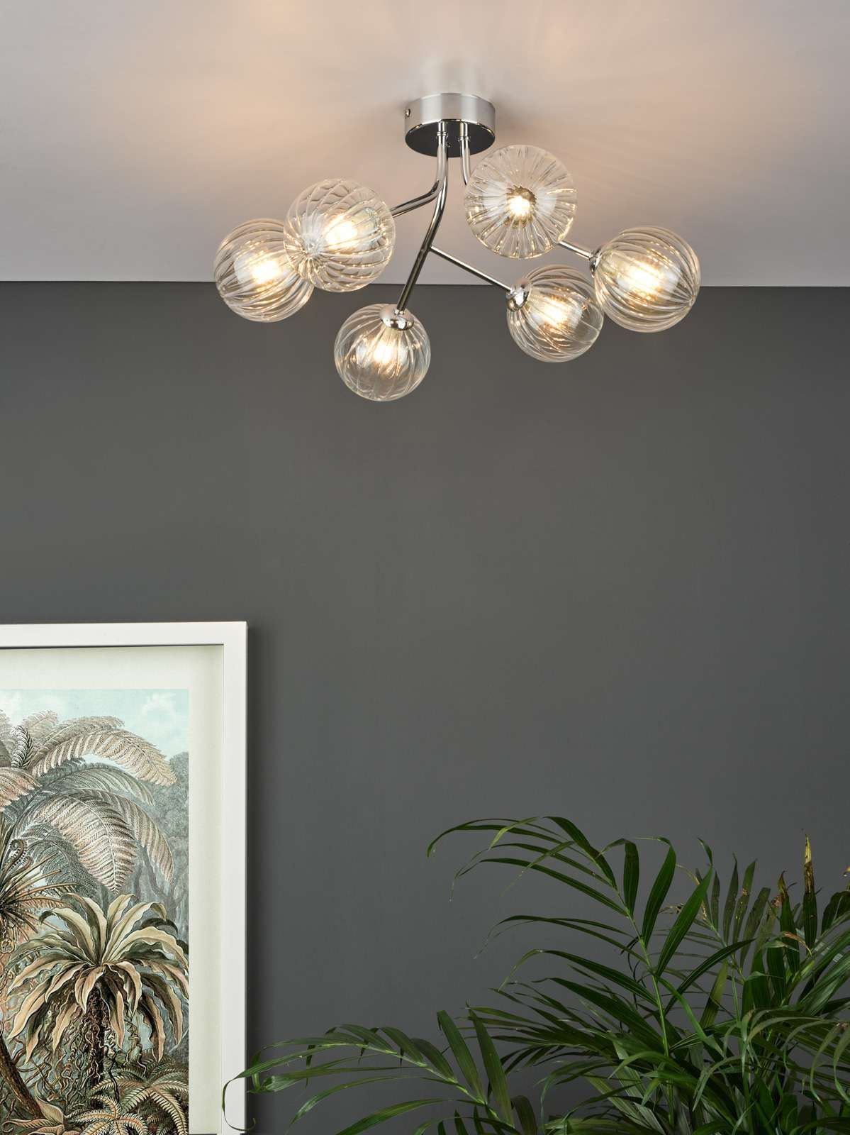 Yiska 6Lt Semi Flush Ceiling Light - Polished Chrome Ribbed Glass Finish - Image 4