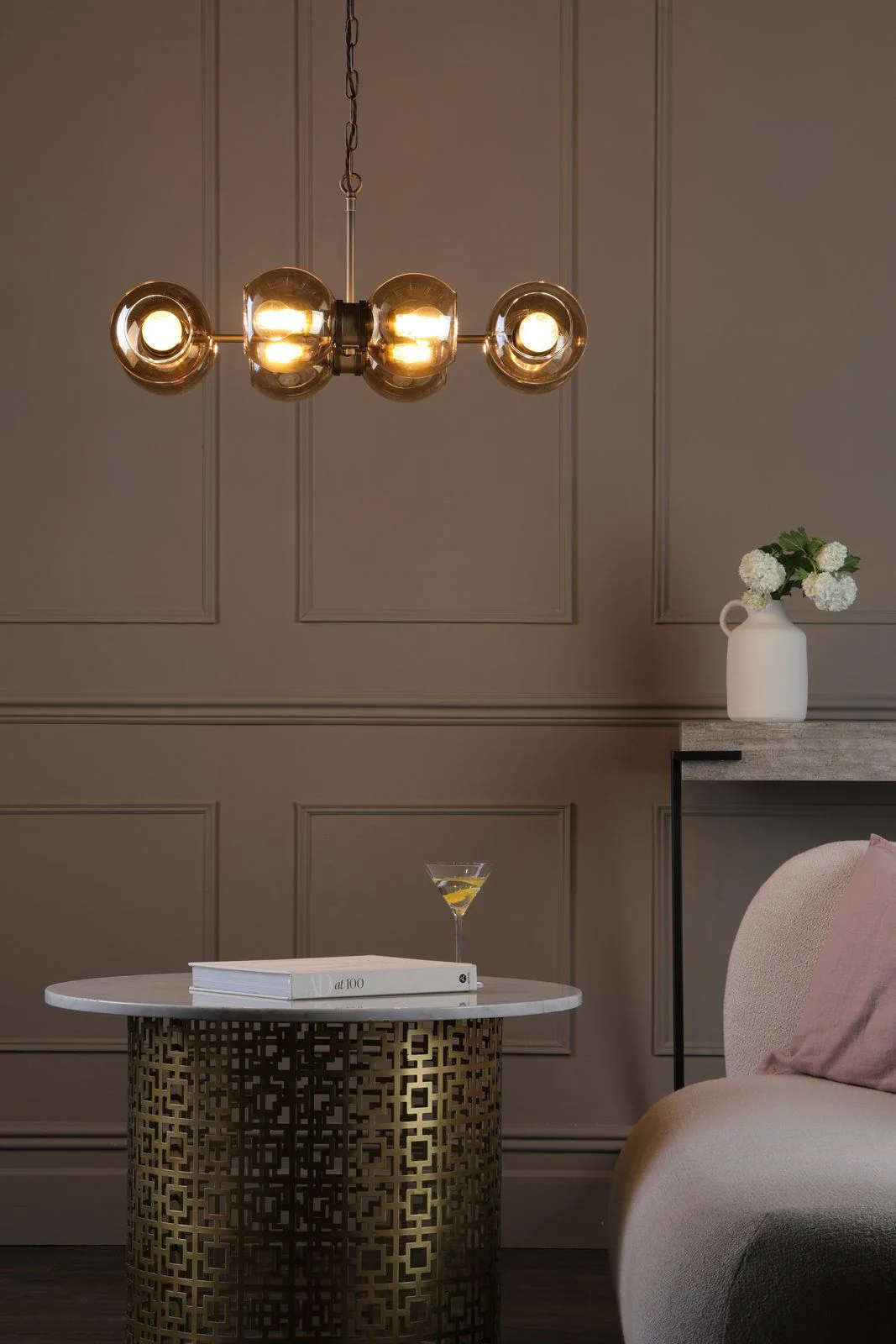 Juno 8/16 Light Pendant Antique Brass and Amber Glass - Image 2